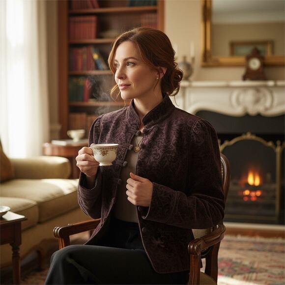 Velvet Burnout DarkAcademia Romance Victorian  12 Burgundy Mandarin Collar Goth - Picture 2 of 9